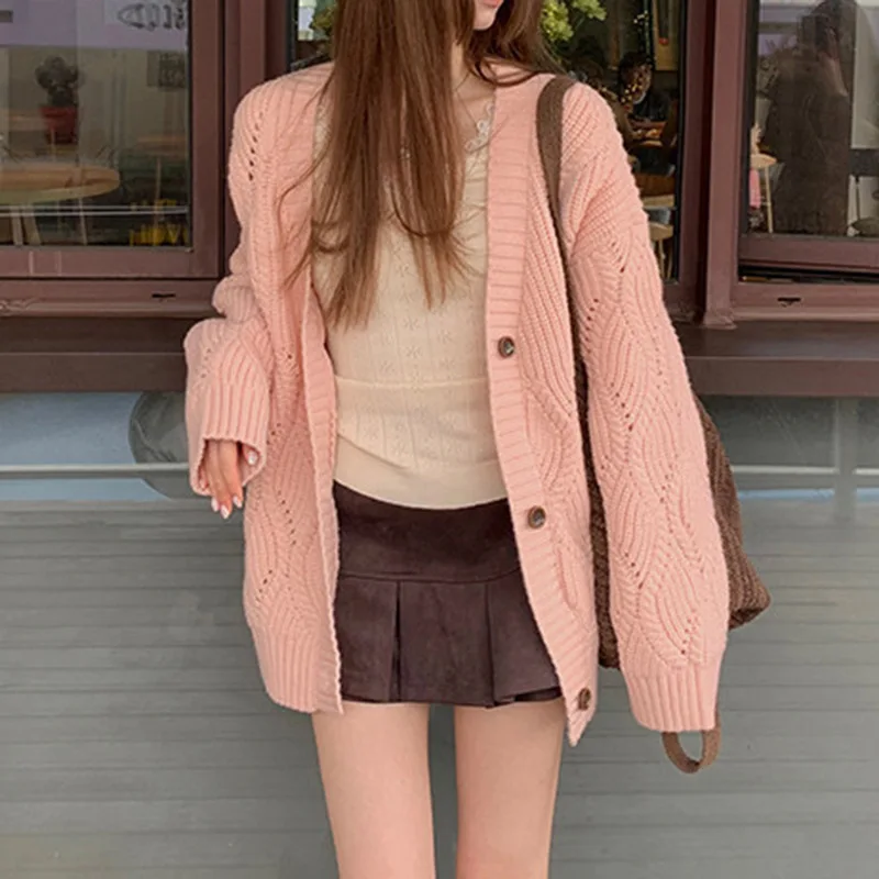 Sweet Casual Autumn Women's Button Down Mid Long Knitted Cardigan Long Sleeve Loose Pocket Elegant Commuter Sweater