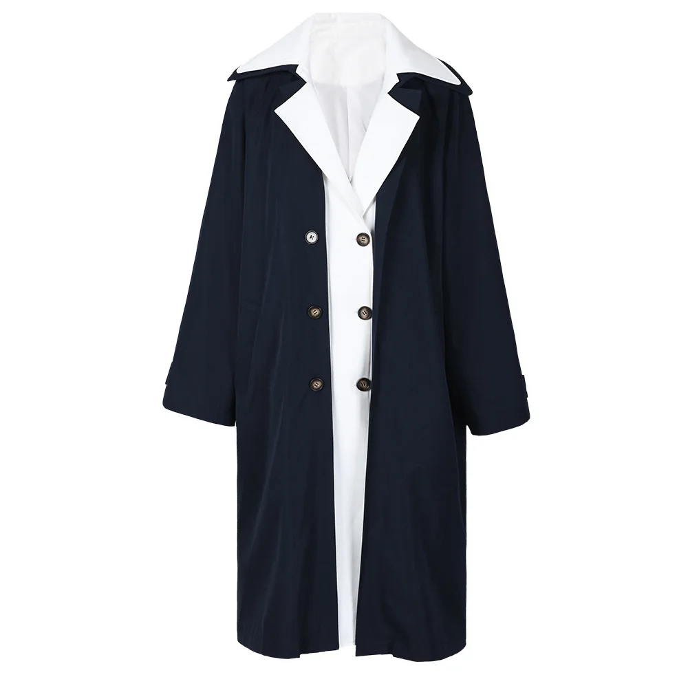 

SuperAen 2024 Spring New Contrasting Color Patchwork Long Double Breasted Navy Blue Stylish Trench Coat