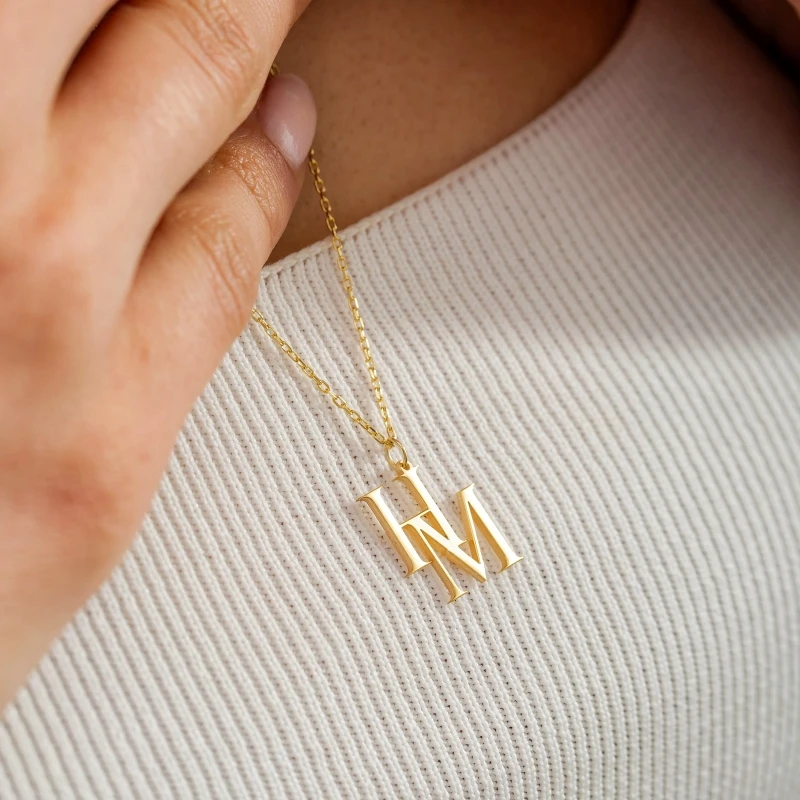 Custom Personalized Intertwined Multiple Initial Necklace for Women,304 Stainless Steel Overlapping Vintage Letter Pendant