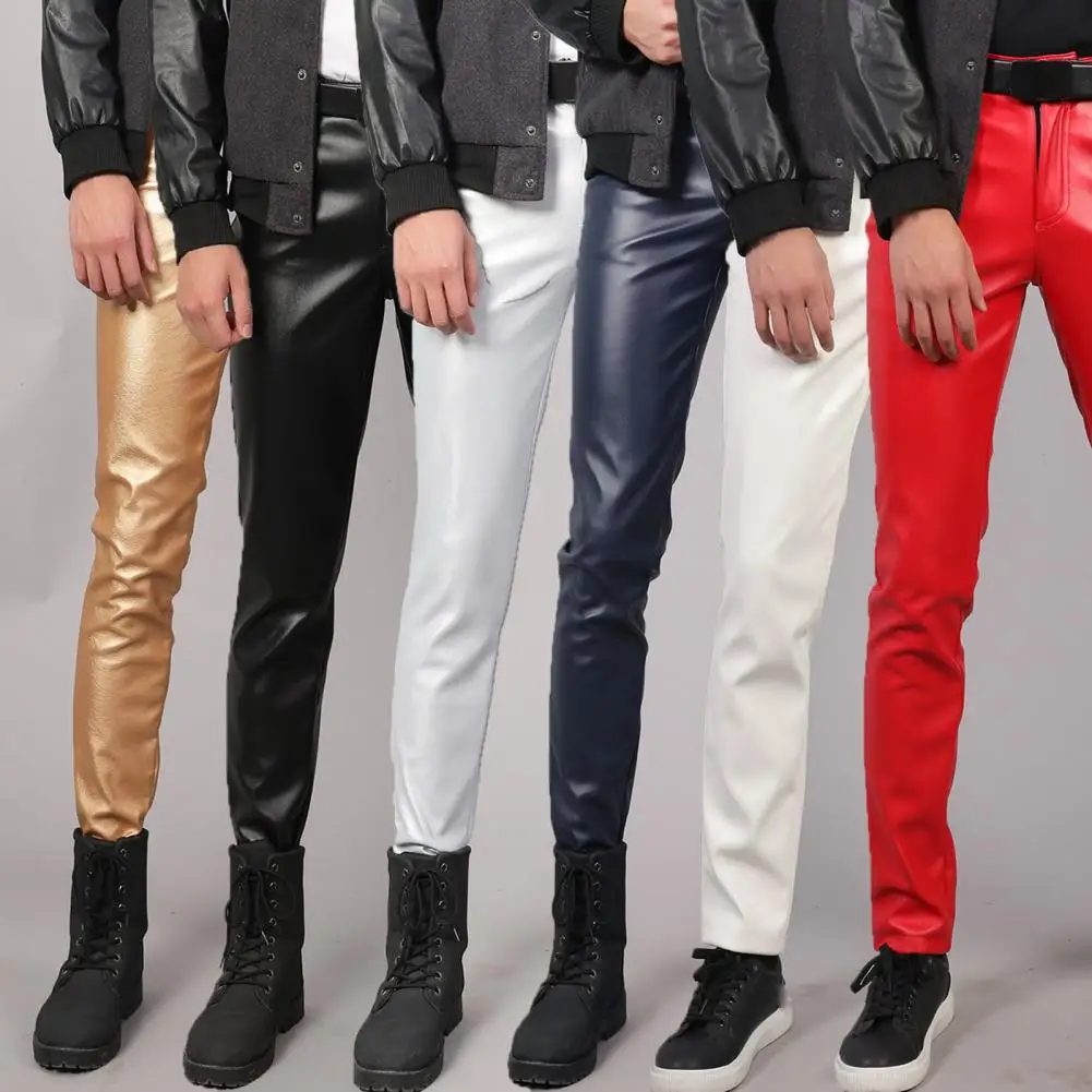 Men Faux Leather Pants Mid Waist Slim Fit Button Zipper Placket Waterproof Hip Hop Streetwear Party Club Performance Trousers