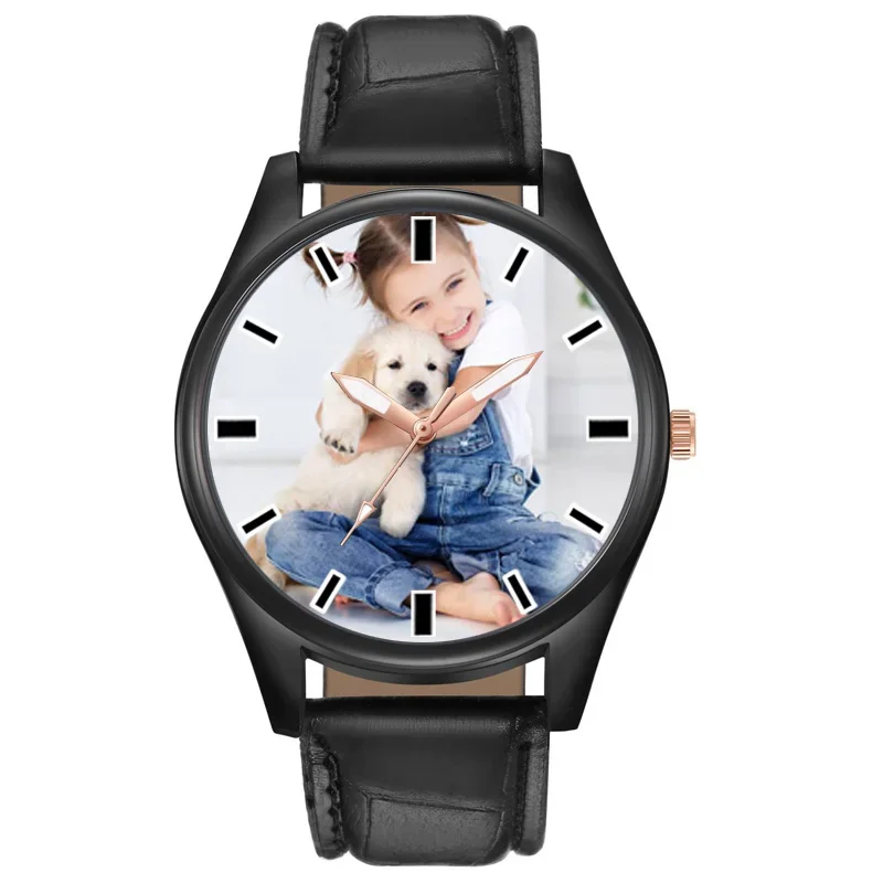 Men Customize Photo Logo Watch Black Gift For Men Leather Quartz Watches Picture Print Clock OEM ODM Creative Wristwatch