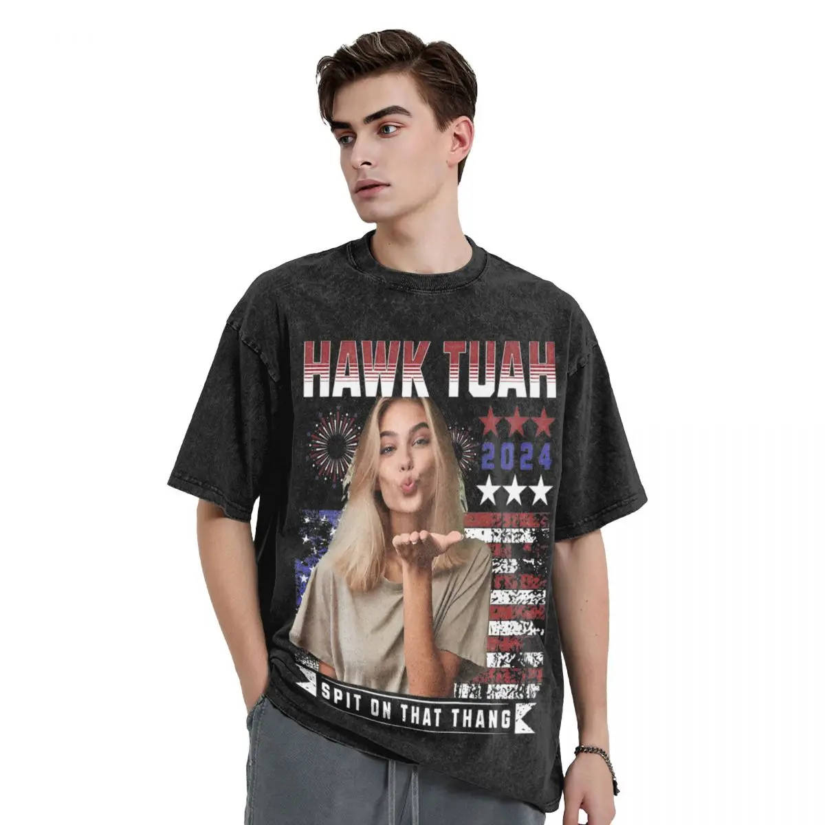 Washed T Shirt Hawk Tuah 24 Spit On That Thang Retro T-Shirts High Street Streetwear Short Sleeve Summer Tops for Men Women Tees