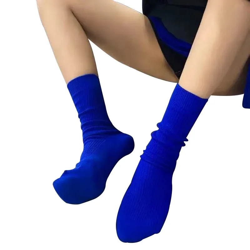 Klein Blue Women Crew Socks Korean Fashion Retro Style Casual Street Sports Harajuku Solid Color Trend Green Orange Red Beige