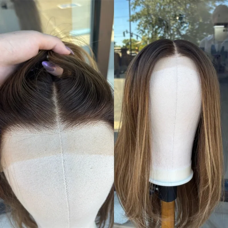 New In Straight Wig Ombre Honey Blonde with Brown Streaks Highlights HD Invisible Synthetic Lace Front Wig Heat Resistant Fiber
