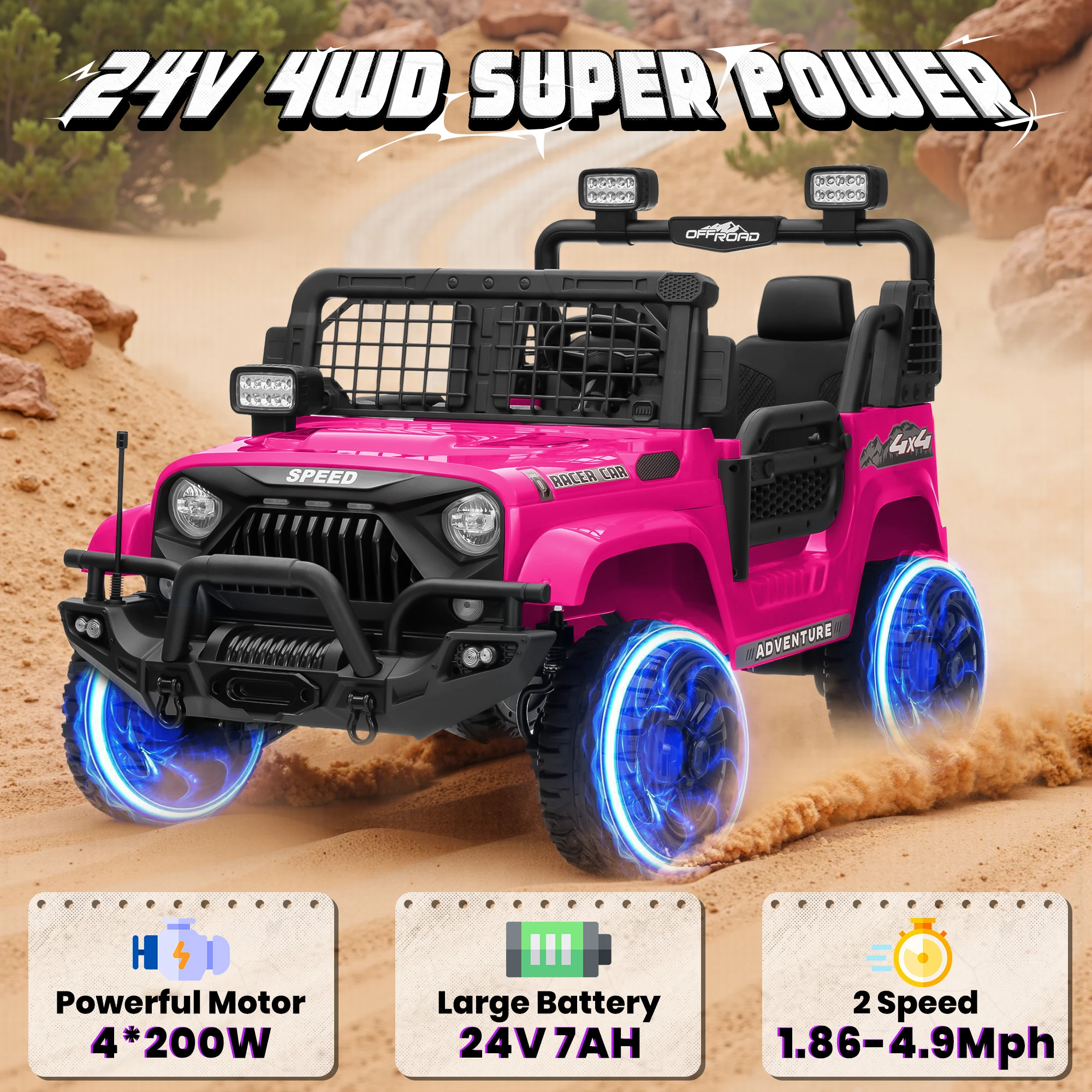 UTV elétrico infantil 24V 4WD com controle remoto, assento grande e 3 velocidades