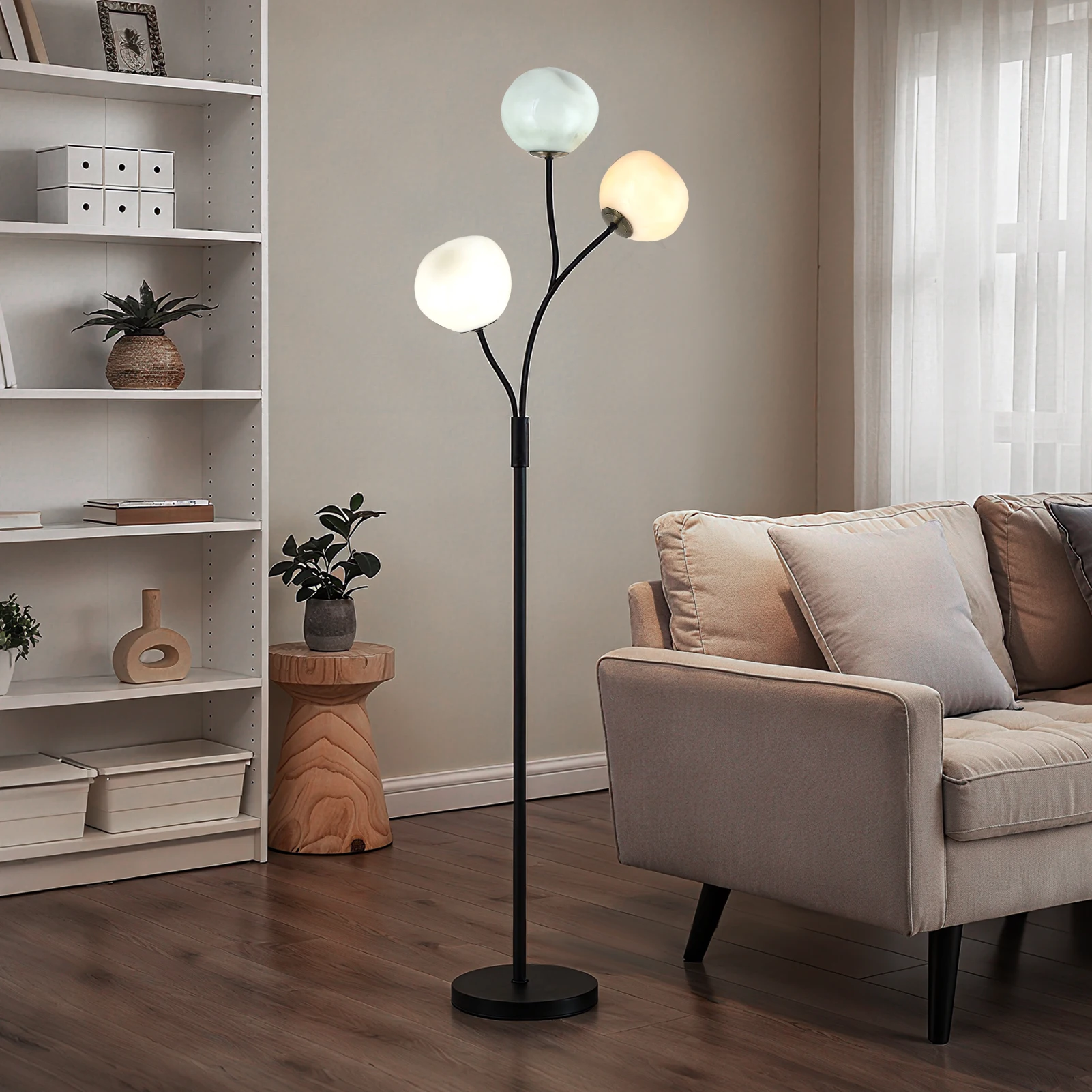 Lampe sur pied créative de 63,4 pouces avec 3 abat-jour sphériques en verre beige, orange et cyan, lumière décorative pour bar, restaurant, boutique, lampe pour bureau, chambre à coucher, lampe de bureau pour bar
