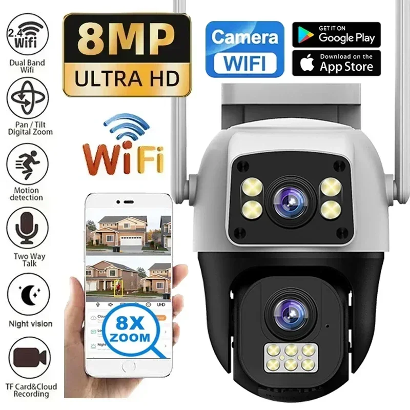 Caméra IP PTZ 8MP 4G SIM WiFi à double objectif, sans fil, pour surveillance extérieure, détection humaine, protection de sécurité, vision nocturne