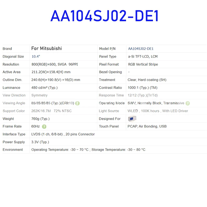 AA104SJ02-DE1 10.4 Inch LCD Display Screen Panel Original for Mitsubishi Brand New