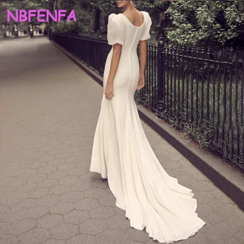 White O-Neck Light Wedding Dresses Korean Puff Short Sleeve Satin Mermaid Hip Package Simple Trailing Wedding Dress for Women