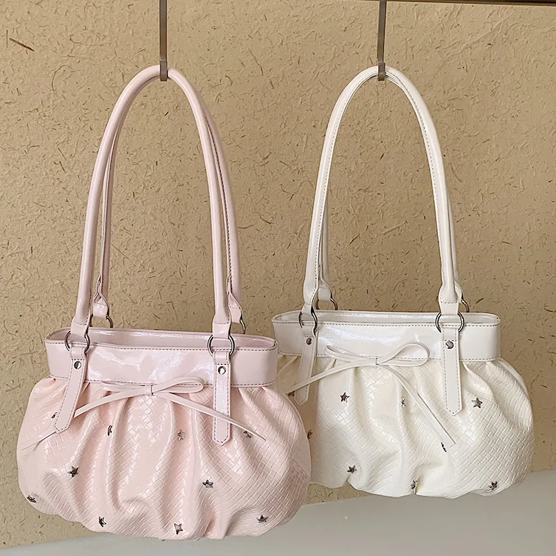 2026 New Korean Style Floral Print Solid Color Underarm School Shoulder Bag for Girls Sweet Chic Versatile Casual Tote Handbag