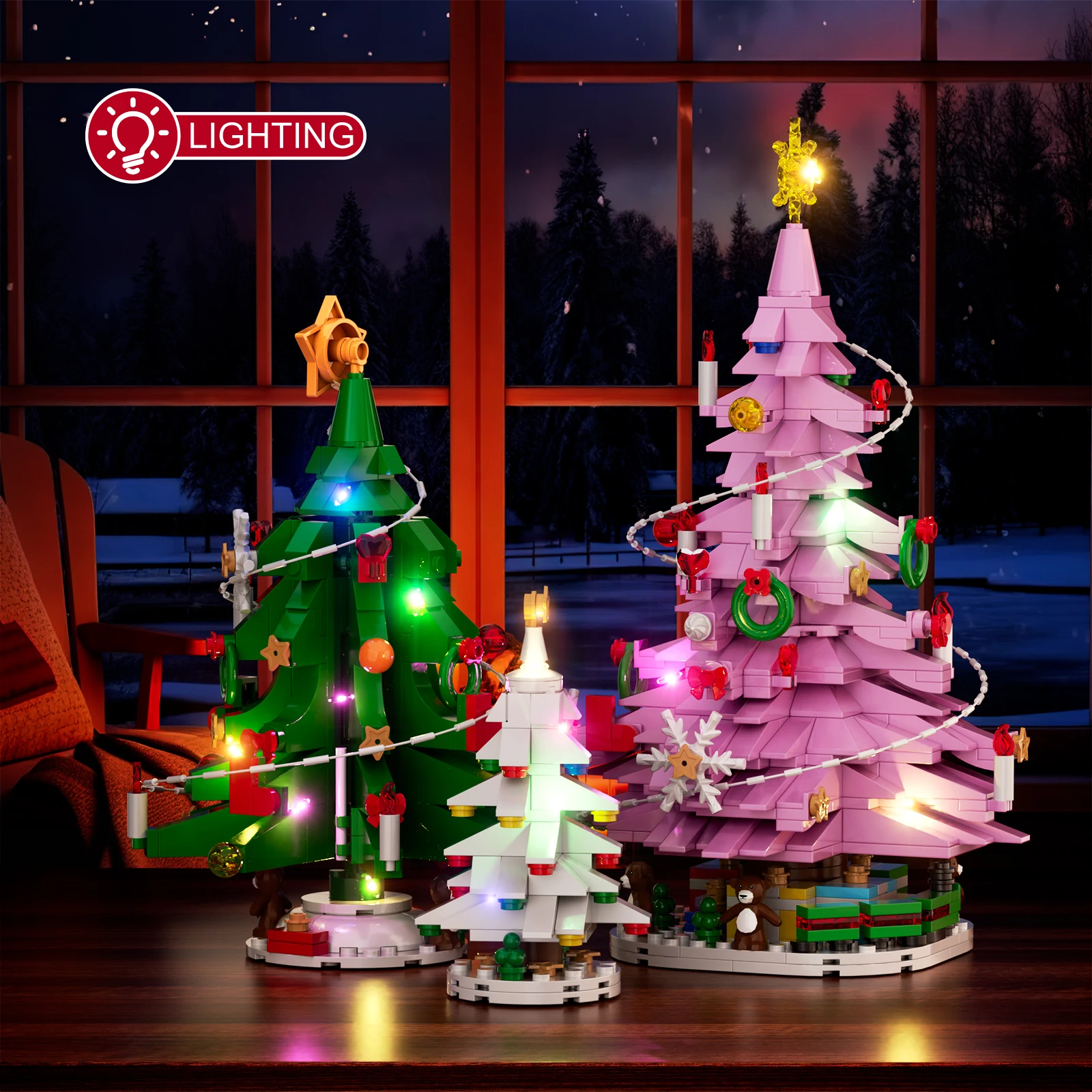 NEW 3in1 Pink Christmas Tree Building Kit with LED Light,Year Atmosphere Decoration Model Toys for Boys and Girls Xmas Gifts