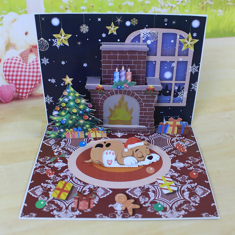 1PC Christmas Blessings Music Lights Projection Elderly Fireplace 3D Stereoscopic Greeting Card Paper Sculpture New Year Card