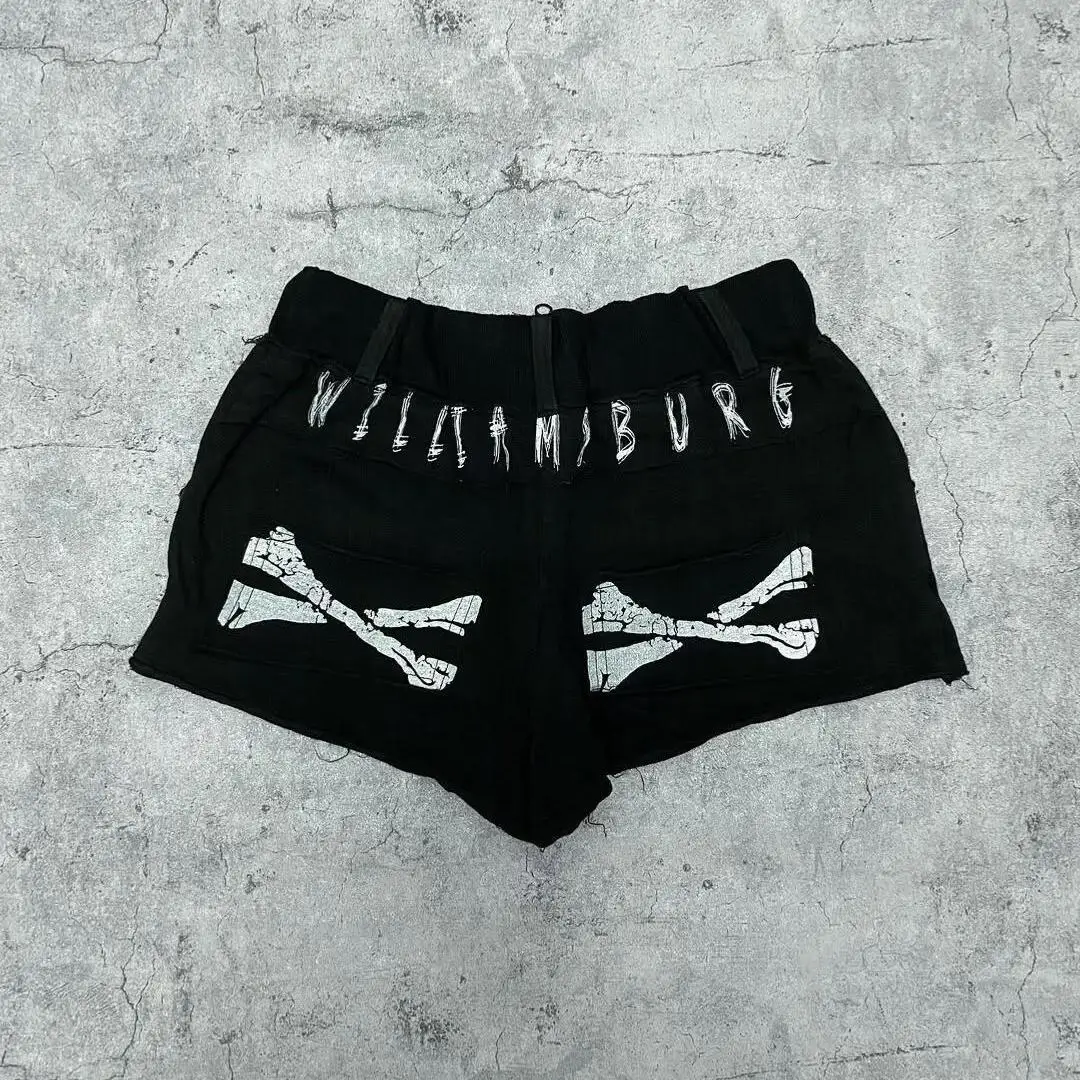 High Waist Wide Leg Short Pants Women's Black Skeleton Print Retro Y2K Summer American Style Goth Culture Unique Outfit Shorts