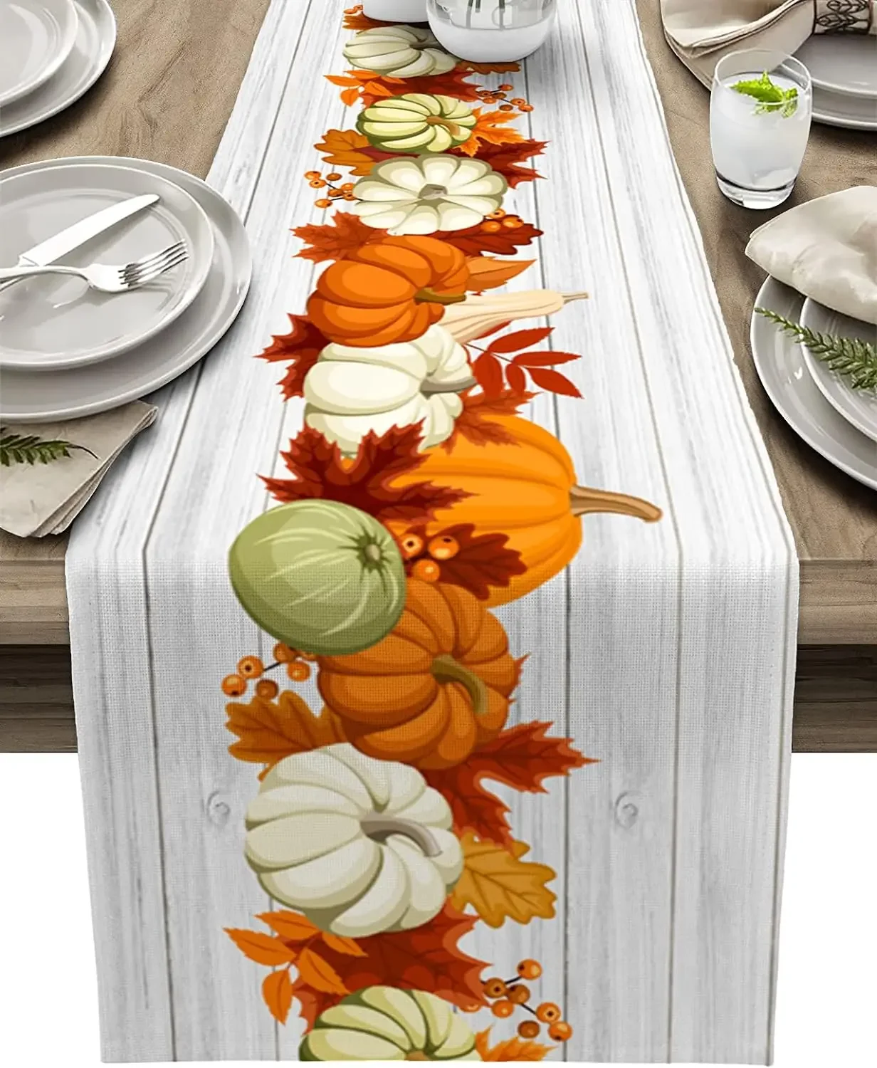 Thanksgiving Pumpkins Maple Leaf Wood Board Linen Table Runners Wedding Decor Reusable Dining Table Runners Party Decorations