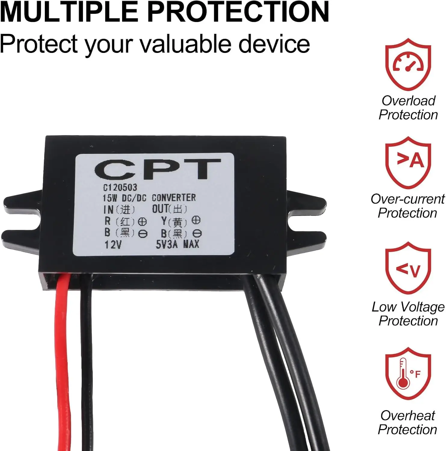 12V to 5V 3A 15W Buck Converter Module - Dual USB Female DC Power Adapter - Car Power Converter