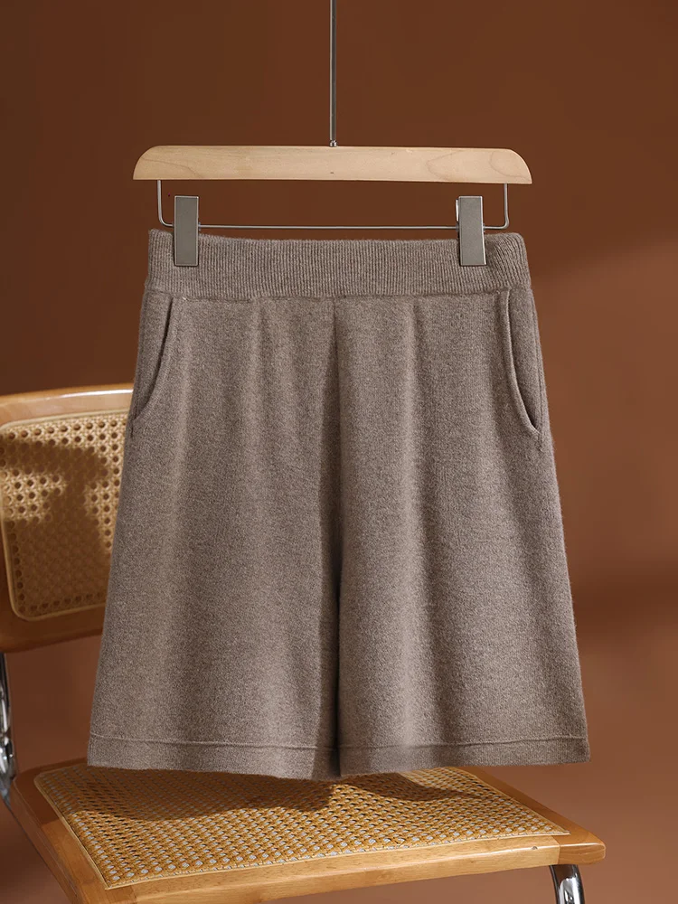 Autumn Winter Women Wool Shorts Elastic Waist Casual Basic Straight Shorts 100% Merino Wool Knitted Fit Pocket Solid Short Pants - Image 4