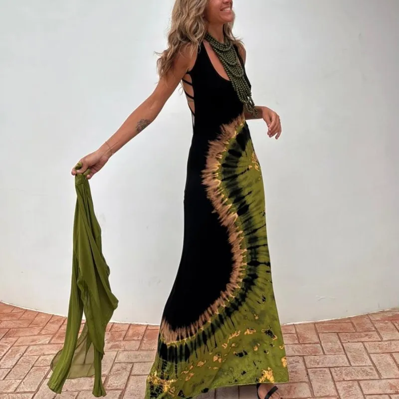 Gonna lunga da pavimento cava sexy da donna di nuovo stile estivo 2025 Cintura posteriore senza maniche stampata alla moda ​ ​ abito da festa chic