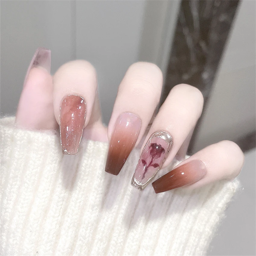 

24Pcs/Set Autumn Rose Wearing False Nails Halo Gradient Design Removable Press on Nail Full Coverage Adhesive Fake Nail Tips