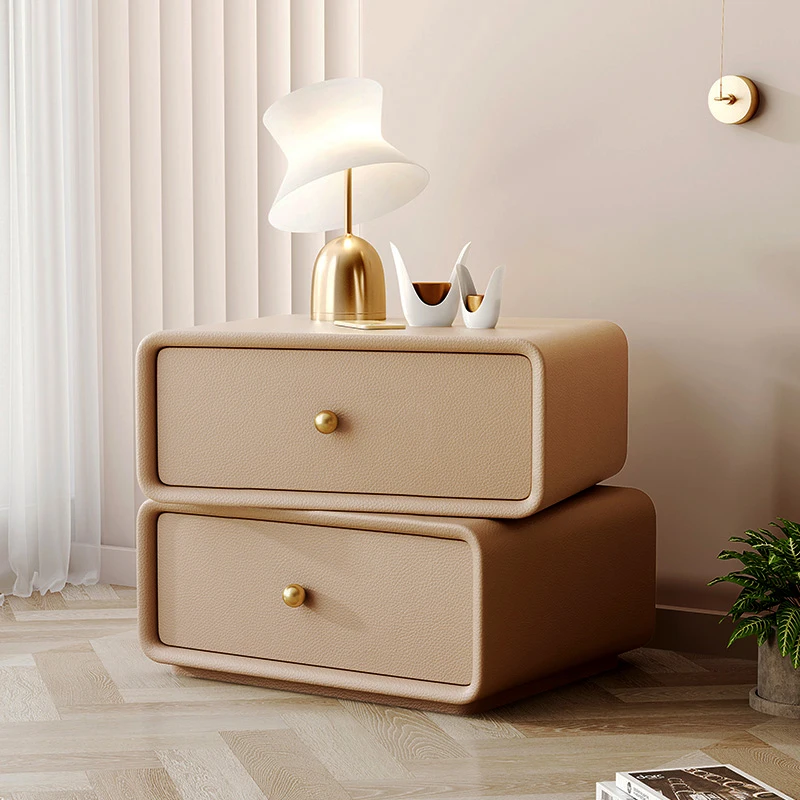 Creative Rotating Bedside Table Wooden 2 Drawers Storage Cabinet Leather Solid Color Factory Direct Bedroom Nightstands