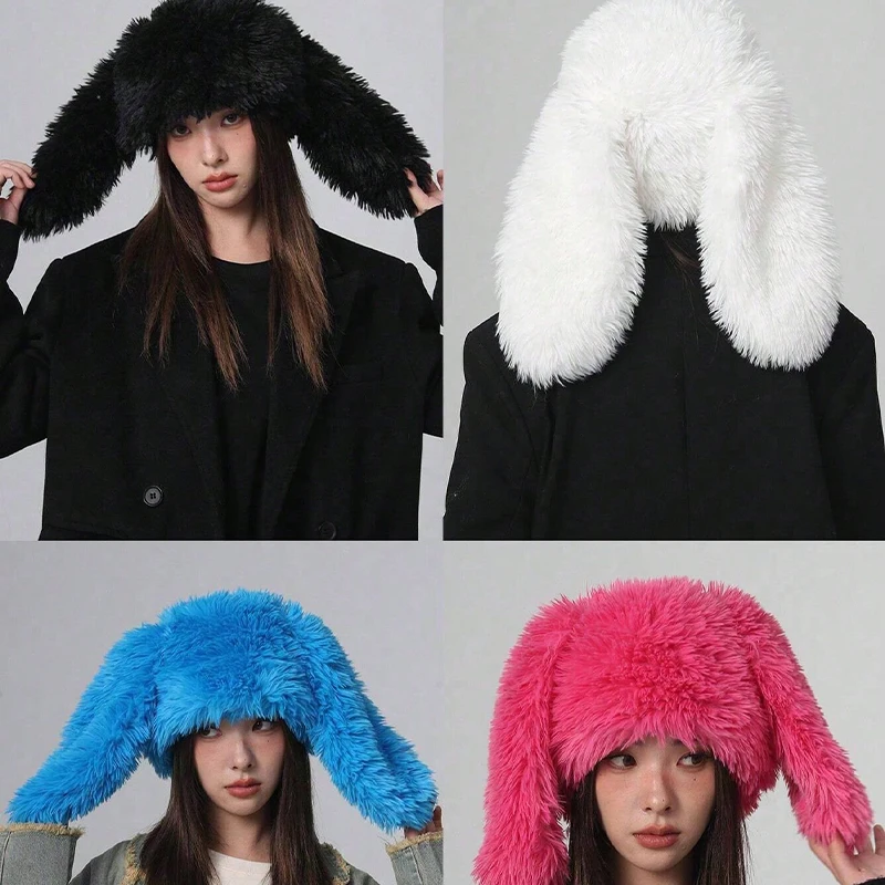 قبعة نسائية شتوية لطيفة على شكل أرنب بأذنين طويلة من القطيفة، تحمي الأذنين الدافئة ومنع البرد، مناسبة للمشي والتسوق اليومي في الهواء الطلق