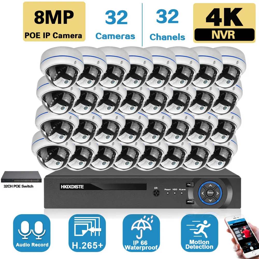 32CH 4K NVR CCTV Security Camera System 8MP Audio Record Metal POE IP Dome Camera Set Outdoor Home Video Surveillance System Kit