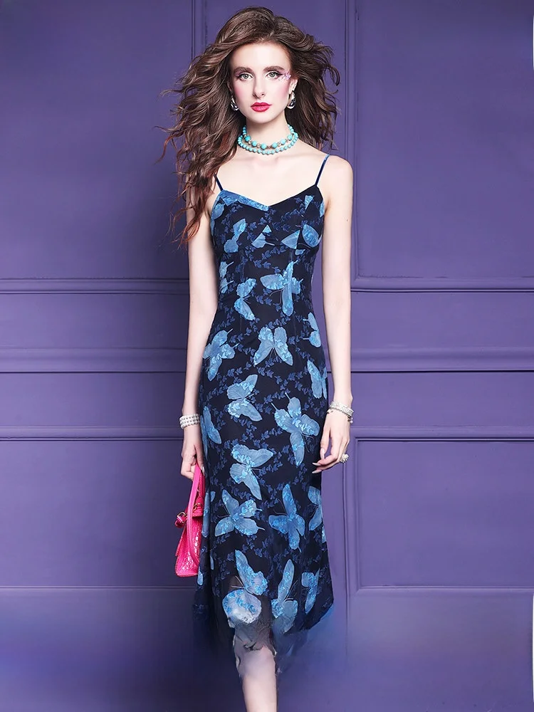 

Elegant Blue Floral Print Strapless Midi Dress Women's Summer Fashion Luxury Sexy Slimming A-Line Dress City Commute