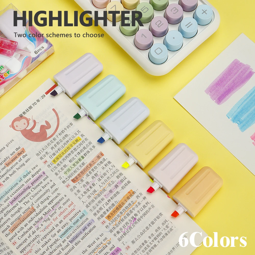 

6 Pcs/Set Cute Ice Cream Shape Highlighters Macaron Colors Non-bleeding For Study Meeting Notes Office School Supplies.