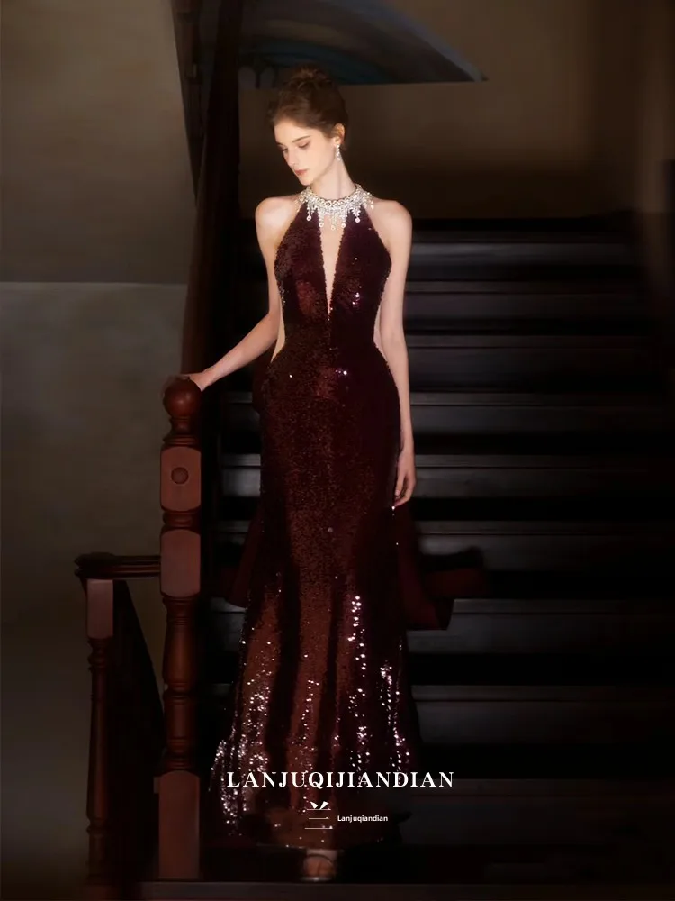 

Wine Red Evening Gown Engagement Par Host Dr Sexy Fi Tail Wedding Dr Women's Faionable Svel Long Dr