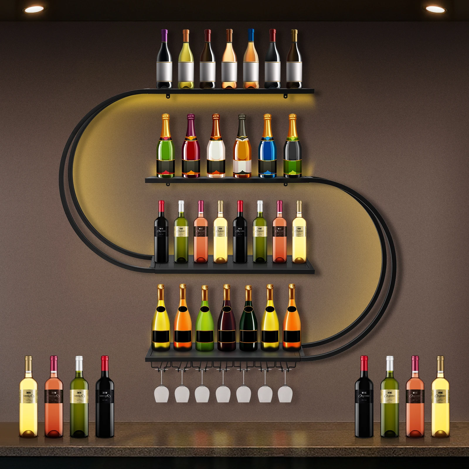 Bar Liquor Bottle Display Shelf with LED Light Countertop Liquor Cabinet Large Capacity for Home Bar Dining Room Decorative