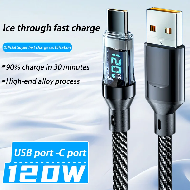 120W Kabel mit Doppel-Digitalanzeige, PD-Schnellladung, Hochgeschwindigkeits-Datenübertragung, USB Typ-C zu Typ-C Kabel für Telefon, Macbook, iPad