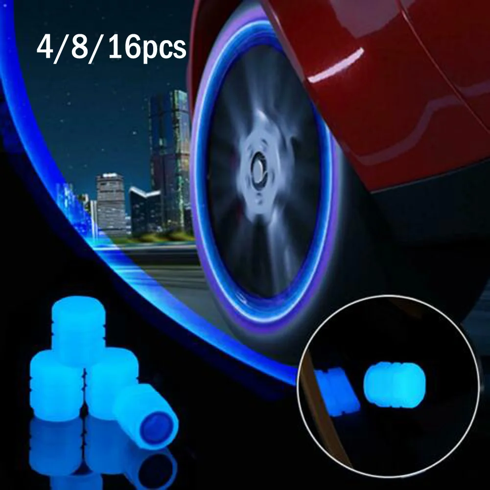 Universal  Newest 4/8/16pc Car Wheel Tire Valve Cap Tyre Rim Stem Covers Luminous Dust Cover Blue Fluorescent Powder