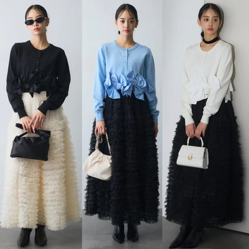 

Butterfly Knot Hem Round Neck Long Sleeve Knitted Cardigan Women's Spring Autumn Korean Japan Style Versatile Short Sweater Coat