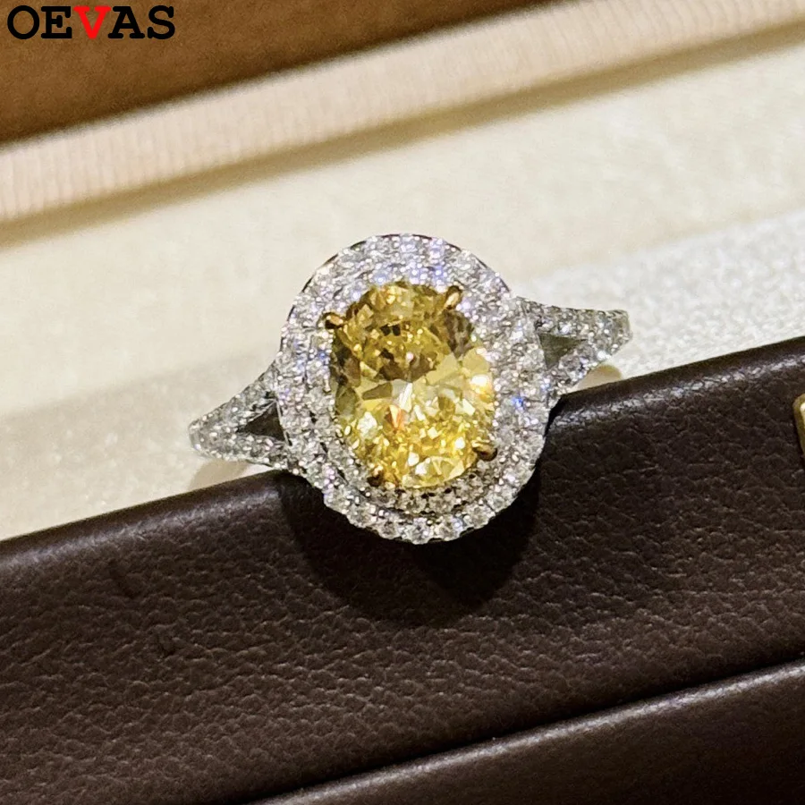 OEVAS Oval Yellow High Carbon Diamond Sparkling Zircon Wedding Rings For Women 925 Sterling Silver Plated 18K Gold Party Jewelry