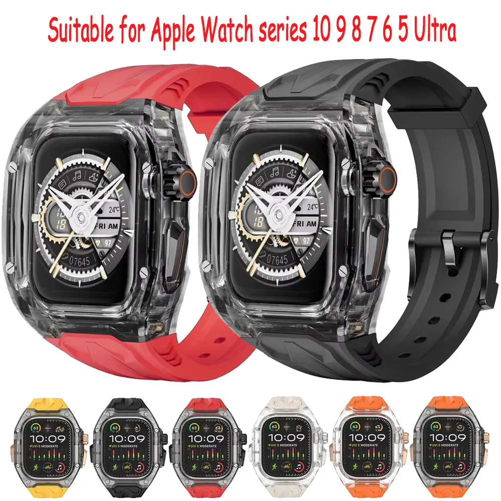 

Suitable for Apple Watch series 10 9 8 7 46mm 41mm 45mm Ultra 2 49mm Luxury Modified Strap Transparent Case+integrated TPU Strap