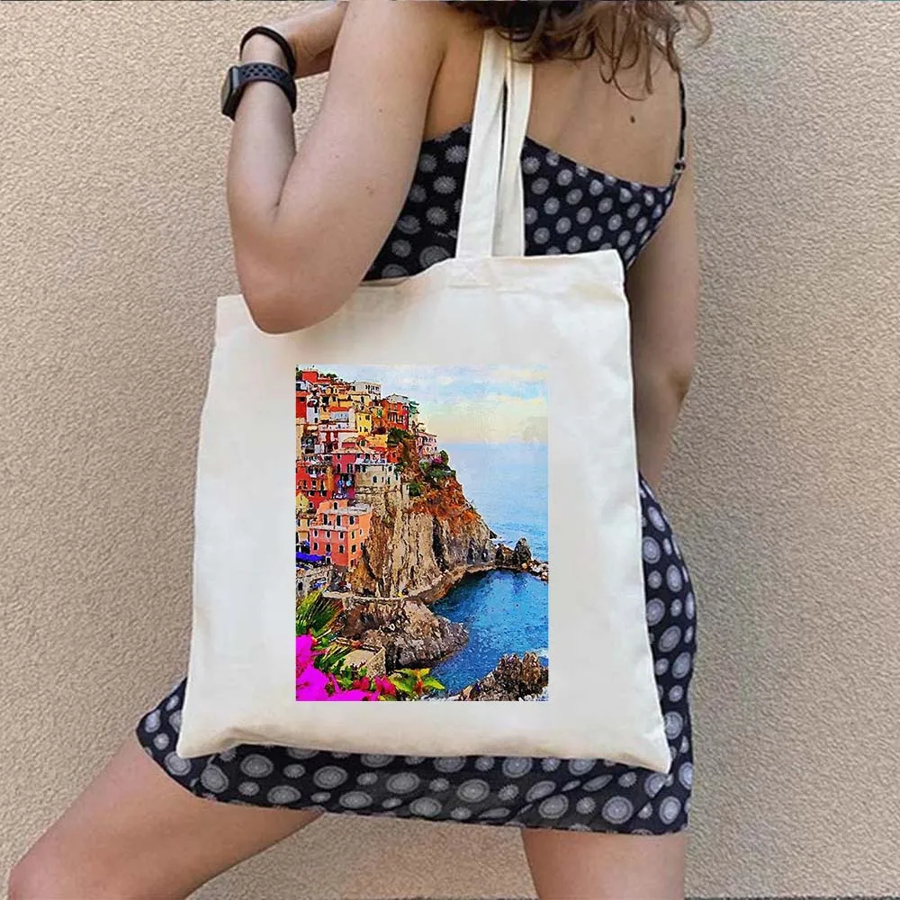 The Colosseum Duomo Rome Italy Burano Milan Cinque Terre Watercolor Painting Shopper Shoulder Canvas Tote Bag Shopping Handbags