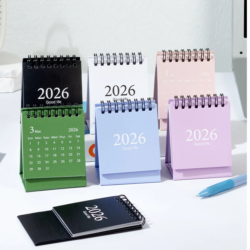 ปฏิทินตั้งโต๊ะขนาดเล็กแบบเรียบง่ายสีพื้น ปี 2026 ปฏิทินกระดาษแบบตั้งโต๊ะ วางแผนรายวันแบบคู่ วางแผนรายปี