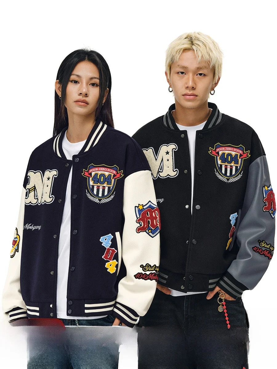 Cappotto da baseball americano retrò con ricamo pesante Jaet in pelle PU patchwork vestibilità ampia e cappotto invernale caldo Faion