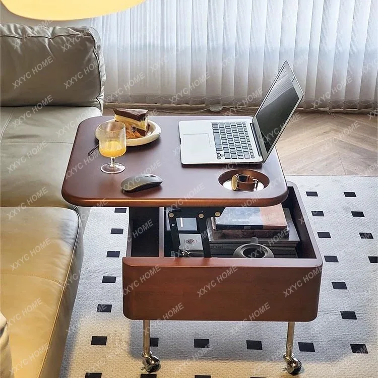 A Lifting Coffee Table Retro Living Room Balcony Home Modern Simple Small Apartment Storage Solid Wood Multi-functional Mobile