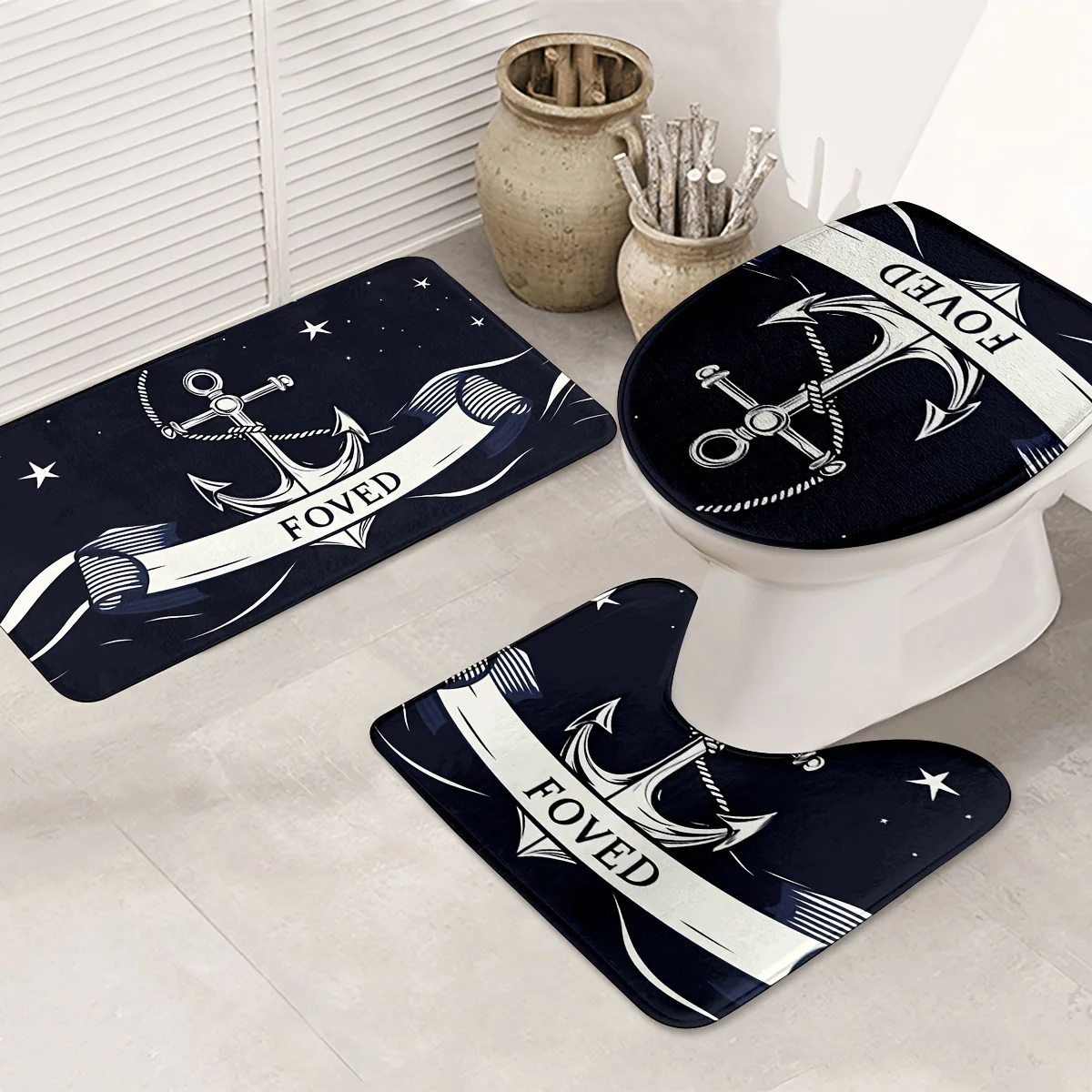 

Набор для ванной комнаты Nautical Anchor, 3 предмета – полиэстер, пригодный для машинной стирки, чехол на крышку унитаза, коврик для унитаза и коврик для ванной, дизайн с темно-синими звездами