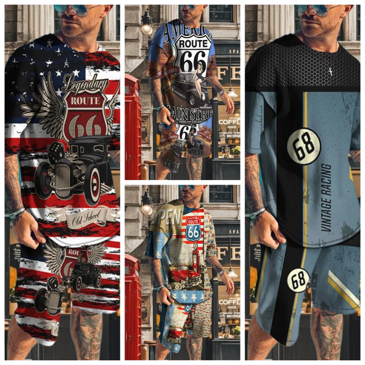 

Мужская летняя одежда из 2 предметов, винтажная футболка с круглым вырезом и шортами с короткими рукавами и 3D принтом автомобиля, одинаковые комплекты большого размера, мужская одежда