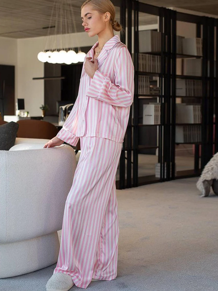 Marthaqiqi Striped Women Sleepwear Set Turn-Down Collar Pajamas Long Sleeve Nightwear Pants Causal Ladies Nightgown 2 Piece Suit