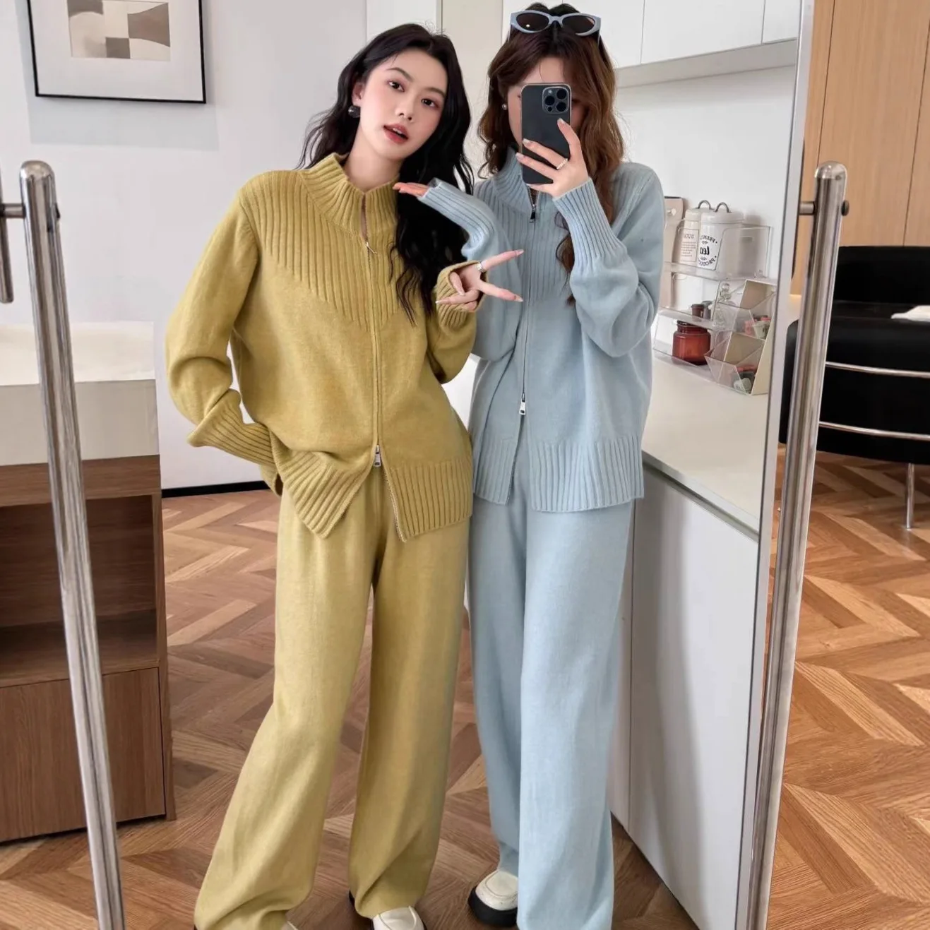 

Two Pieces Women Stripes Pants Sets Knitted Solid Set Full Lenth Wide Leg Pant Double Zip O Neck Cardigan Casual 2025 Autumn