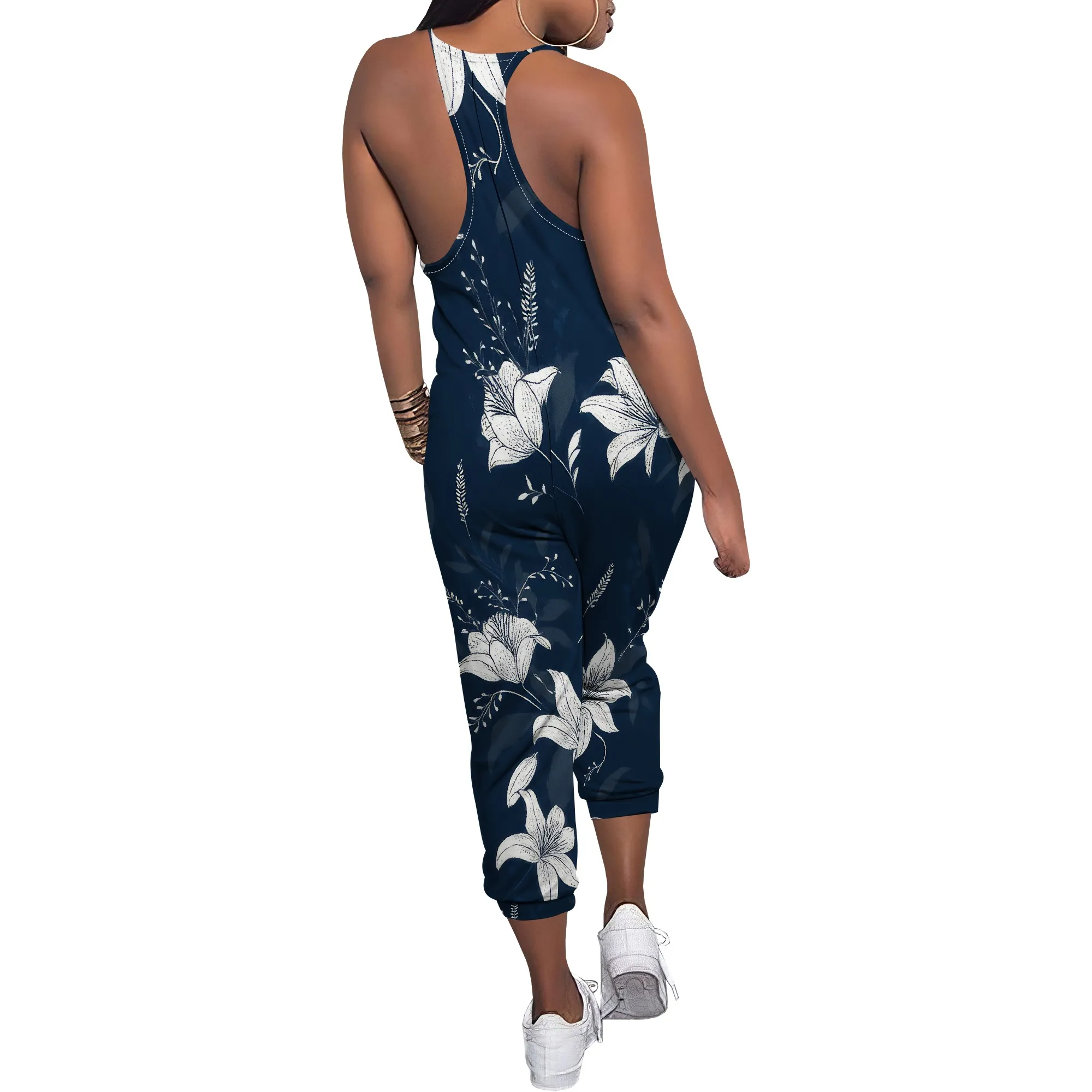 Summer New Multi Colored Printed Loose Elastic Women's Deep V Neck Sleeveless Slim Shoulder Strap Leg Strap Pocket Jumpsuit