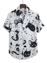 Gato impresso camisas de gola cubana para homens verão elementos vintage camisa havaí praia roupas masculinas ao ar livre rua solta topo