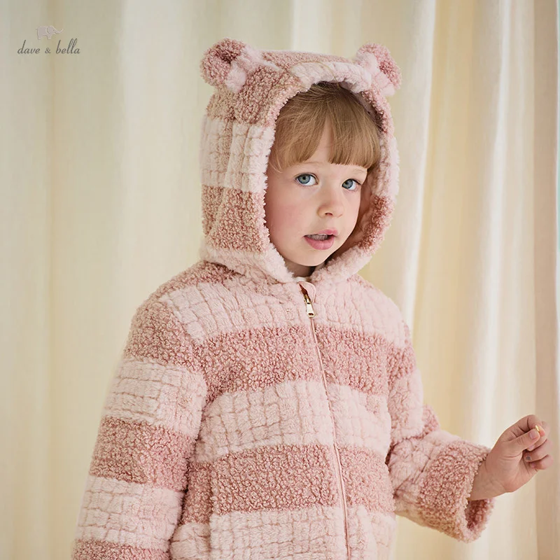 Dave Bella Children Girls Cute Tops Outerwear 2024 Autumn Winter Fashion Casual Baby's Stripe Overcoat Outdoor Warm DB4242082