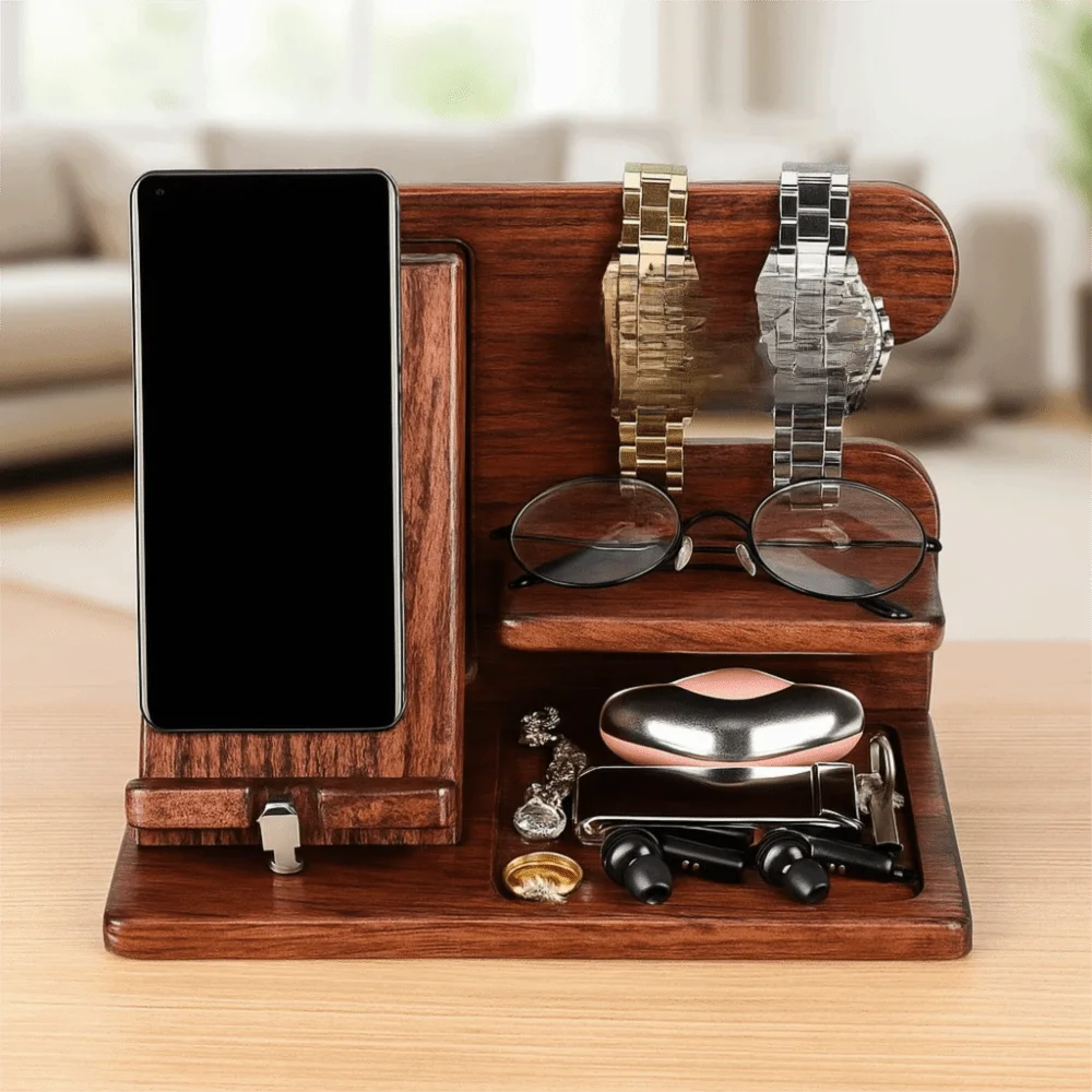 

Solid Wood Charging Phone Holder Stable Groove Design Space Saving Watch Organizer Detachable Desk Organiser Nightstand