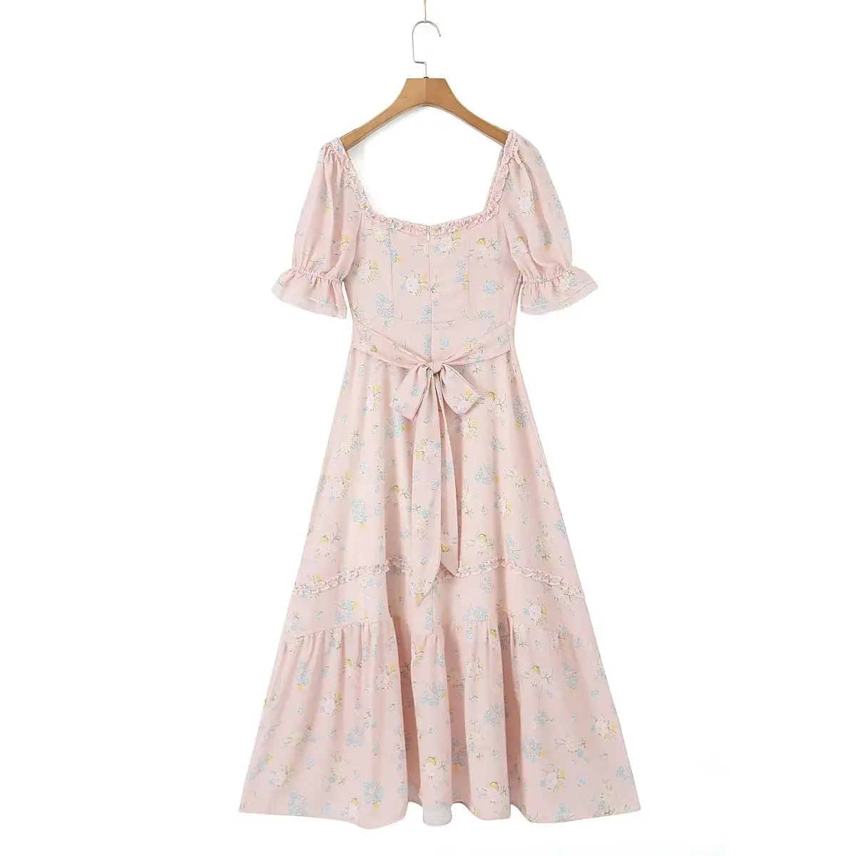 Retro Corset Style Flower Print Ruffles Hem Swing Dress Spliced Wood ears Puff Sleeve Chest Ruched Square Collar Midi Robe Fairy