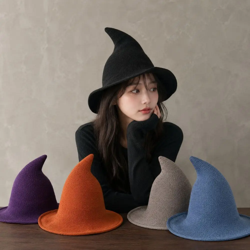 Wacky Wool Knit Halloween Witch Hat High Quality Solid Color Pointed Hat Pointed Design Foldable Party Hat Cosplay Decoration