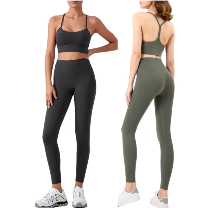 Conjunto de Yoga de 2 Piezas para Mujer, Ropa Deportiva, Top Deportivo con Tirantes en Y, Leggings de Cintura Alta, Ropa Deportiva para Entrenamiento