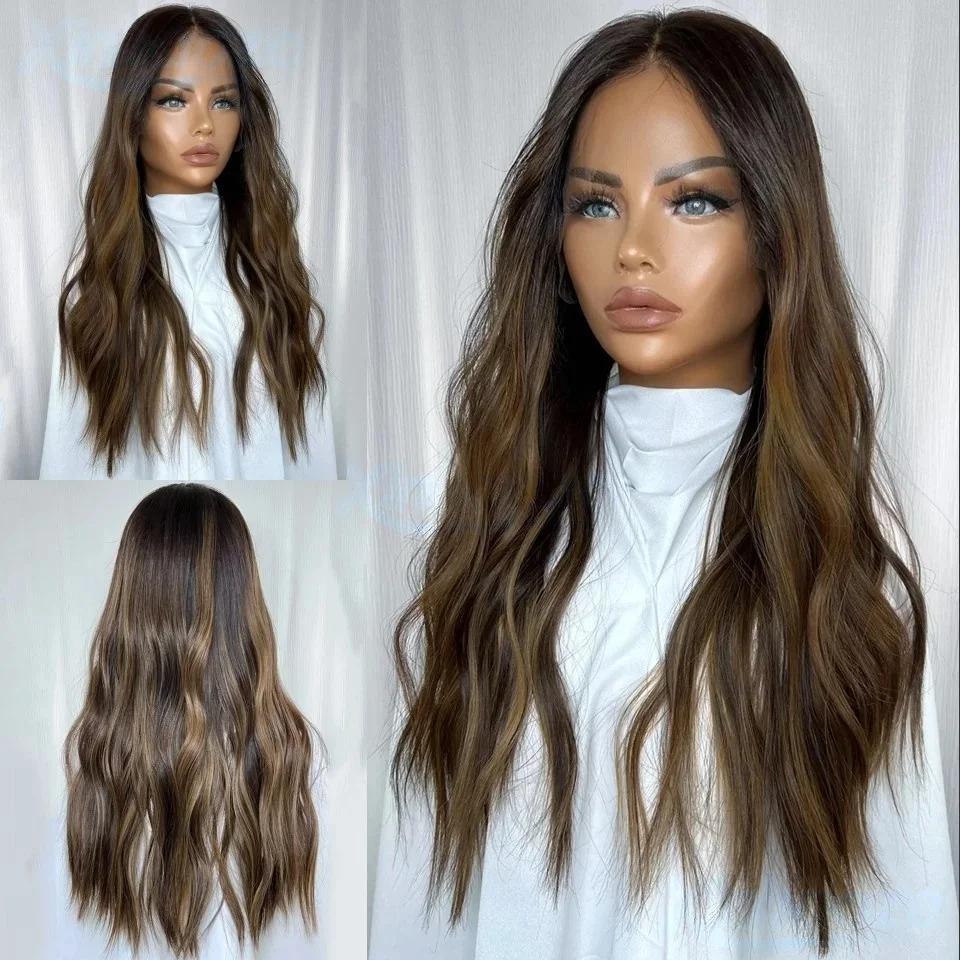 Ombre Blonde Brown HD Lace Front Wig 13x4 Preplucked Hairline Free Part Heat Resistant Wig For Women Wavy Hair Brown Wig Daily